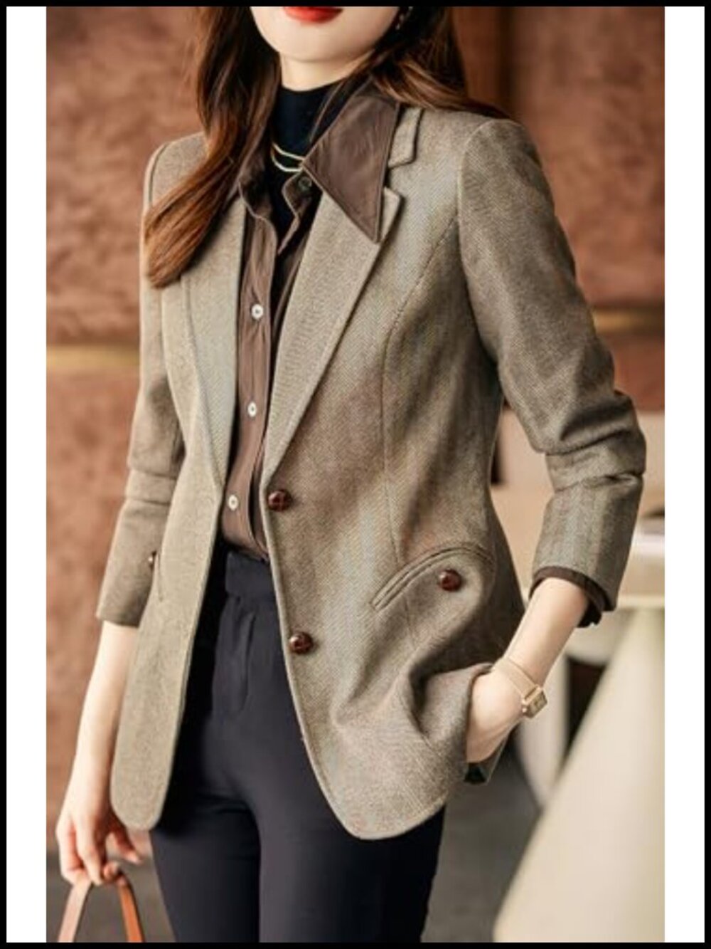 Women's Notched Lapel Plaid Herringbone Blazer Jacket Classic Slim Wool Blend - Picture 2 of 5